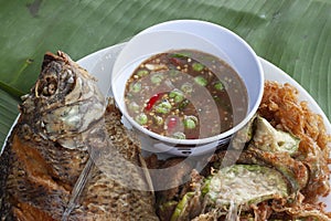 Shrimp Paste Chili Sauce, Fried tilapia and Eggplant wattle omelettes Thai people call Nam Prik Kapi.