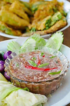 Shrimp paste sauce and boiled or deep fried vegetables