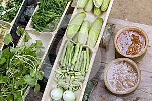 Shrimp Paste Sauce with variance vegetable in the bamboo bowl