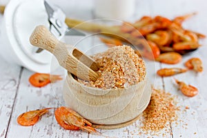 Shrimp powder, homemade spicy seasoning from dried and crushed shrimp shells for fish dishes
