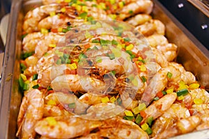 Shrimp, prawn on buffet line in restaurant.
