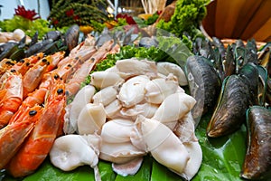Shrimp or prawn , octoput , mussel ,  seafood photo