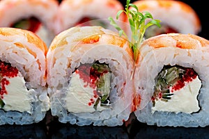 shrimp rolls and microgreens close-up on a black background