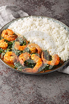 Shrimp Saag is an flavorful curry made with juicy prawn, onion, garlic, ginger, spinach and aromatic spices served with rice