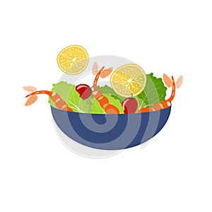 Shrimp salad with lettice and lemon in a blue bowl