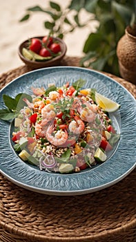 Shrimp salad with, rice vegetables and exotic tropical fruits, generative AI