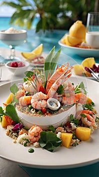 Shrimp salad with, rice vegetables and exotic tropical fruits, generative AI