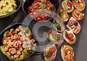 Shrimp salad and snacks. open sandwiches