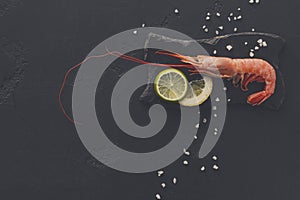 Shrimp with salt and lemon on black background