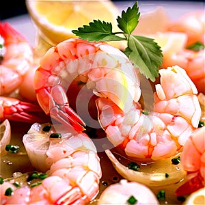 Shrimp scampi with garlic and lemon, viewed from a 30-degree angle, with a hint of white wine sauce. Th