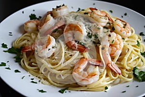 Shrimp Scampi Pasta with a generous portion of juicy shrimp, al dente pasta, and flavorful garlic butter sauce