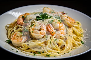 Shrimp Scampi Pasta with a generous portion of juicy shrimp, al dente pasta, and flavorful garlic butter sauce