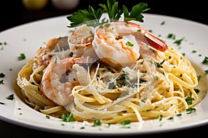 Shrimp Scampi Pasta with a generous portion of juicy shrimp, al dente pasta, and flavorful garlic butter sauce