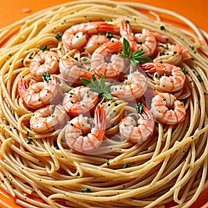Shrimp scampi with pasta on an orange background