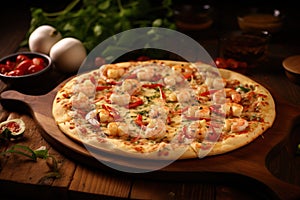 Shrimp Scampi Pizza: Thin crust topped with garlic-infused olive oil, succulent shrimp, melted Mozzarella, cherry tomatoes, and a