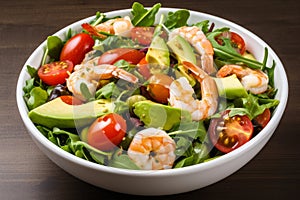 Shrimp Scampi Salad with Arugula, Cherry Tomatoes, and Avocado Slices in a White Bowl