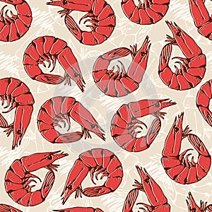 Shrimp seamless vector pattern, hand drawn prawn