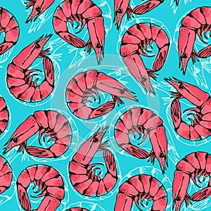 Shrimp seamless vector pattern, hand drawn prawn