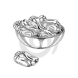Shrimp shape jelly candy heap in bowl, retro hand drawn vector illustration.