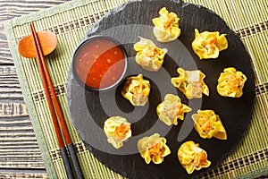 Shrimp shumai also pronounced siu mai or shao mai are a popular Cantonese steamed dumpling often served at Chinese closeup.