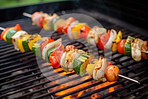 shrimp skewers cooking over grill grates