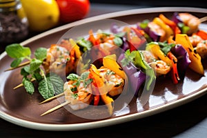 shrimp skewers with vibrant herb garnishment