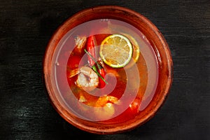 Shrimp soup or Tom Yam goongTraditional food in Thailand contains chili, lime, ginger, galangal, lemongrass, lime leaf.