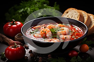 Shrimp soup with tomato. AI generated