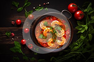 Shrimp soup with tomato. AI generated