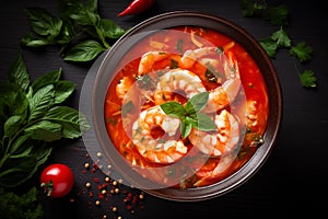 Shrimp soup with tomato. AI generated