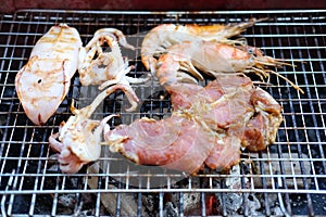 Shrimp, squid, beef seafood grill