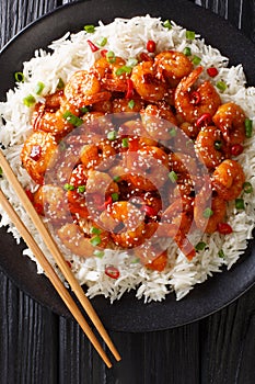 Shrimp stir-fried with garlic, chili pepper, sesame seeds and green onions served with rice close-up in a plate. Vertical top view