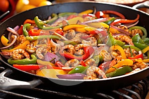 shrimp stir fry with colorful bell peppers in a wok