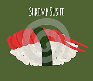 Shrimp sushi - asian food with fish, rice. Traditional Japanese meal. Vector illustration