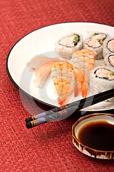Shrimp sushi and California rolls