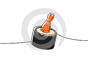 Shrimp sushi roll one line colored continuous drawing. Japanese cuisine, traditional food continuous one line