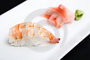 Shrimp sushi served on a plate