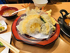 Shrimp and various vegetable tempura.