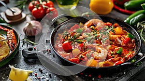 Shrimp and vegetable saute in a cast iron skillet