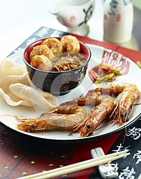 Shrimp in white plate photo