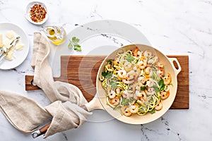 Shrimp and zucchini noodles pasta with parmesan