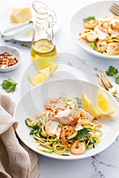 Shrimp and zucchini noodles pasta with parmesan