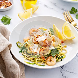 Shrimp and zucchini noodles pasta with parmesan