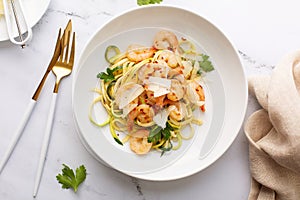 Shrimp and zucchini noodles pasta with parmesan