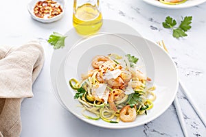 Shrimp and zucchini noodles pasta with parmesan