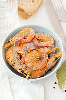 Shrimps in blue bowl