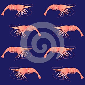 Shrimps on a classic blue background - marine, summer, vector, seamless pattern with the inhabitants of the underwater world. Pink