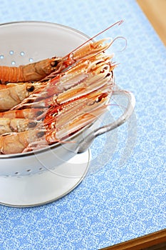 Shrimps in colander elevated view