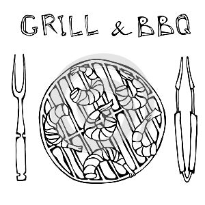 Shrimps Kebab on a BBQ Grill with Tongs and Fork. Seafood Barbecue Summer Party. Prewen on Grill. Realistic Hand Drawn