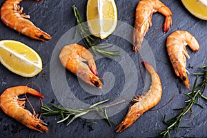 Shrimps with lemon and rosemary on black background